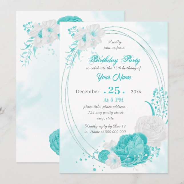 turquoise white floral geometric birthday party invitation (Front/Back)