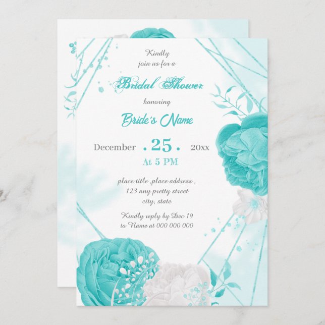 turquoise white floral geometric bridal shower invitation (Front/Back)