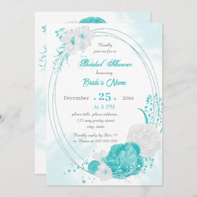 turquoise white floral geometric bridal shower invitation (Front/Back)