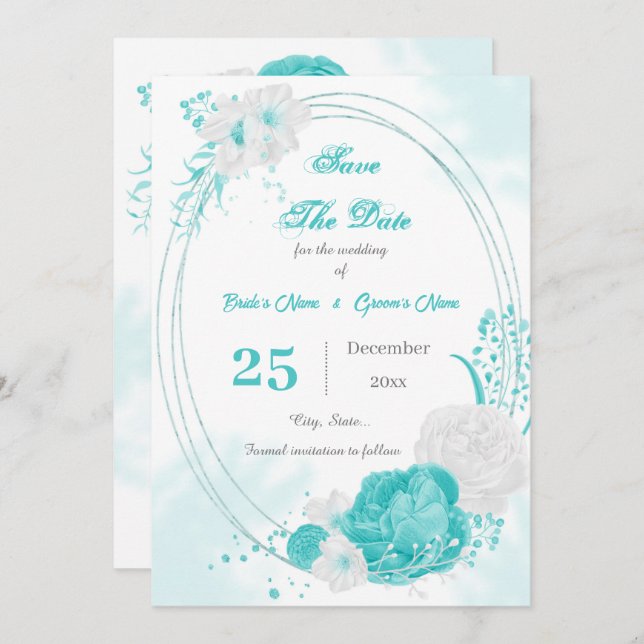 turquoise white floral geometric save the date (Front/Back)