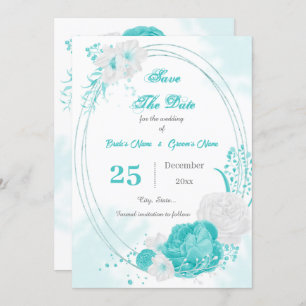 turquoise white floral geometric save the date
