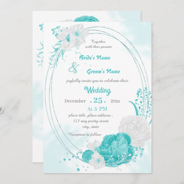 turquoise white floral geometric wedding invitation (Front/Back)
