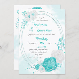 turquoise white floral geometric wedding invitation
