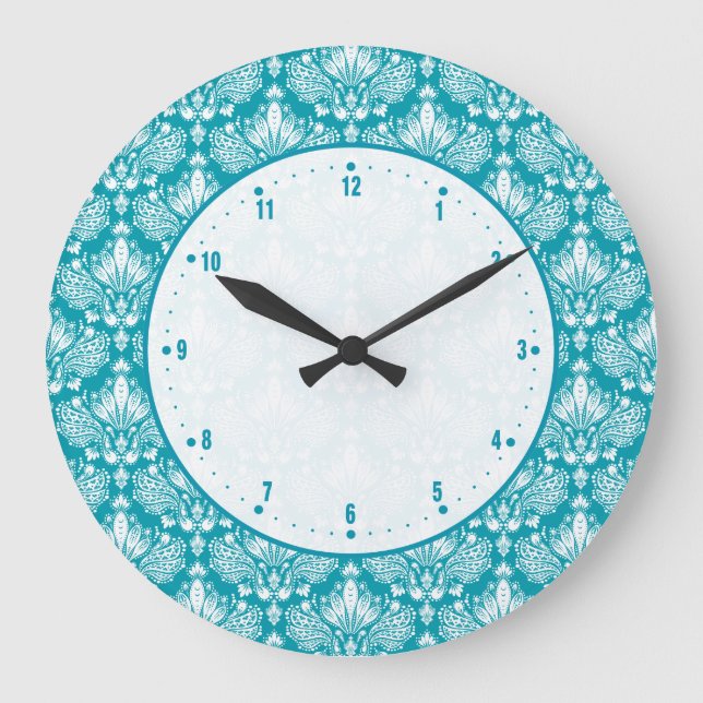 Turquoise & White Floral Lace Damask Large Clock (Front)