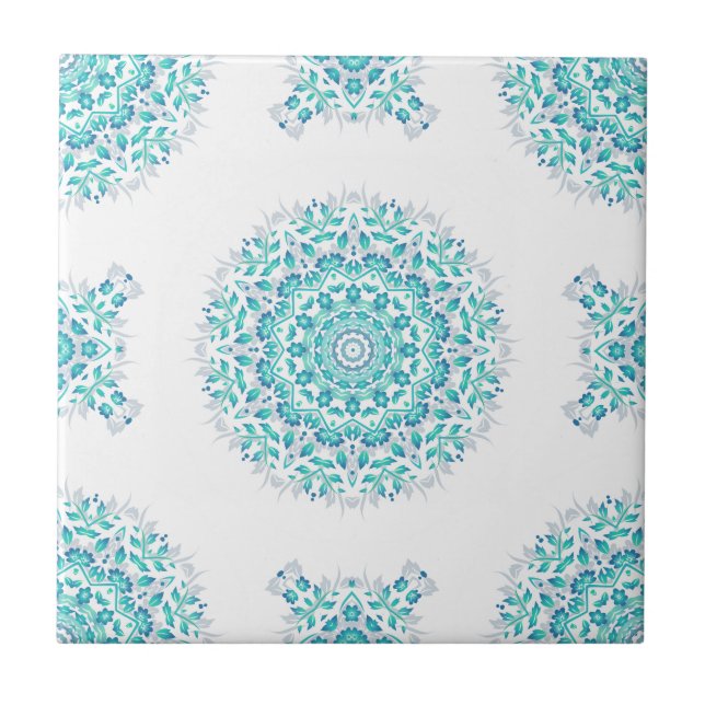 Turquoise White Floral Mandala Geometric Pattern Ceramic Tile (Front)