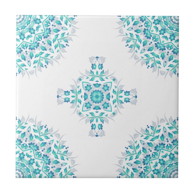 Turquoise White Floral Mandala Geometric Pattern Ceramic Tile (Front)