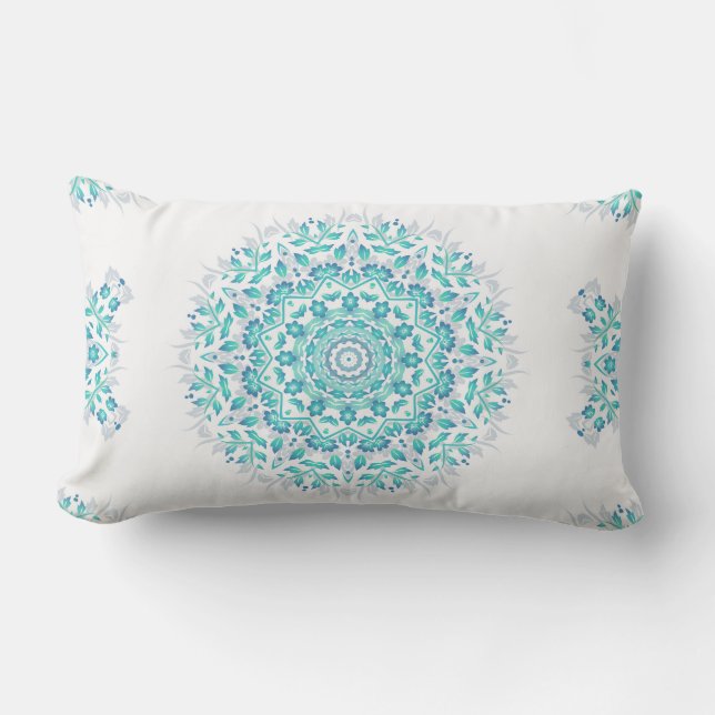 Turquoise White Floral Mandala Geometric Pattern Outdoor Cushion (Front)