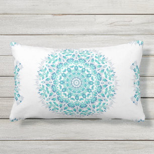 Turquoise White Floral Mandala Geometric Pattern Outdoor Cushion