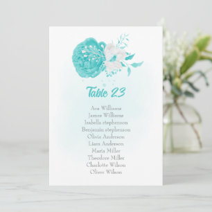 turquoise & white floral seating chart card