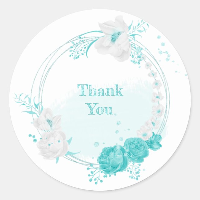 turquoise white floral wedding classic round sticker (Front)