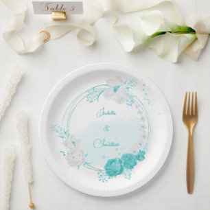 turquoise white floral wedding paper plate