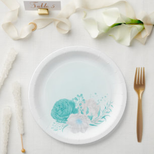 turquoise white floral wedding paper plate