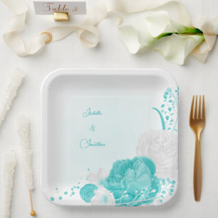 turquoise white floral wedding paper plate