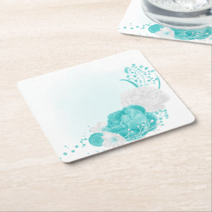 turquoise white floral wedding square paper coaster