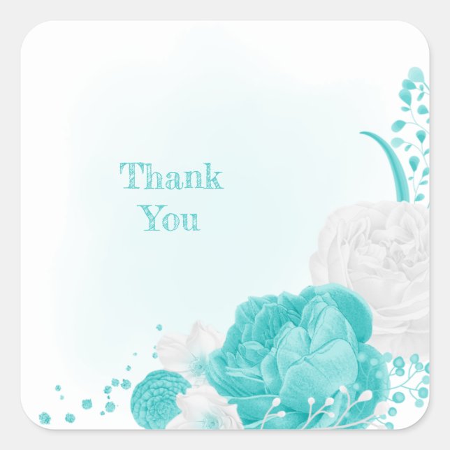 turquoise white floral wedding square sticker (Front)