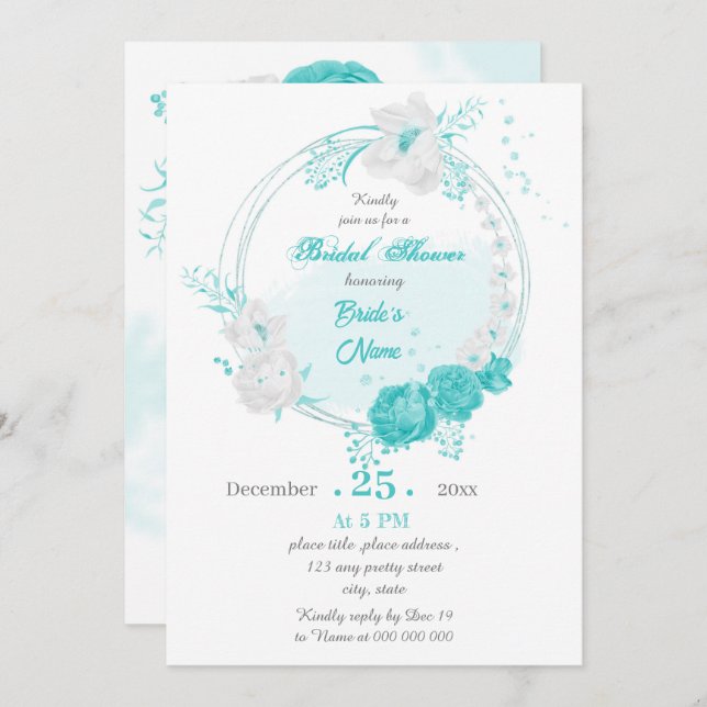 turquoise white floral wreath bridal shower invitation (Front/Back)