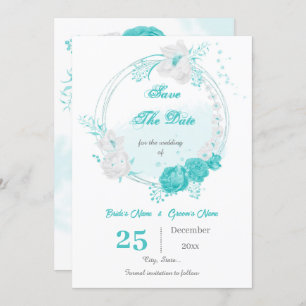 turquoise white floral wreath  save the date