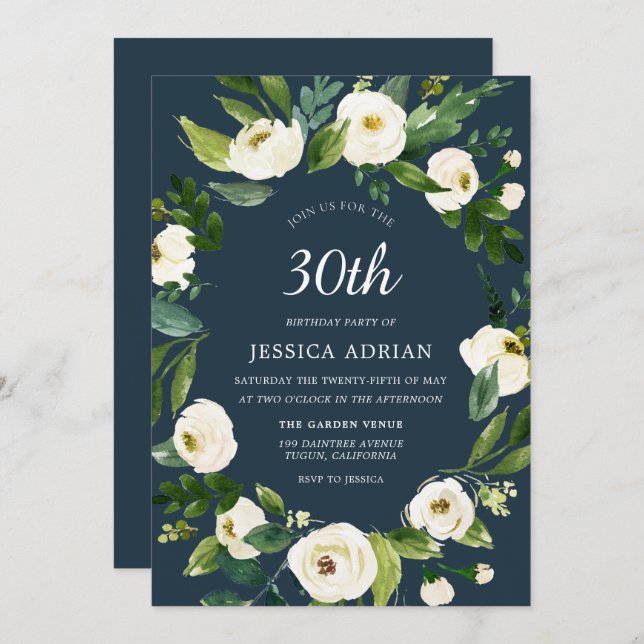 Turquoise White Flower 30th Birthday Invite (Front/Back)