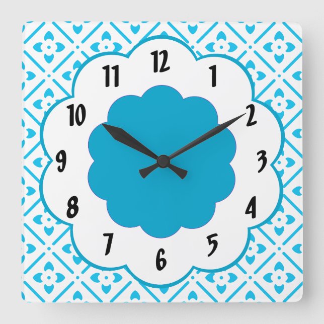 Turquoise White Flower Retro Pattern  Wall Clock (Front)
