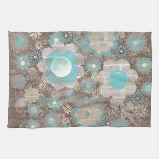 Turquoise-White Flowers American MoJo Kitchen Tea Towel (Horizontal)