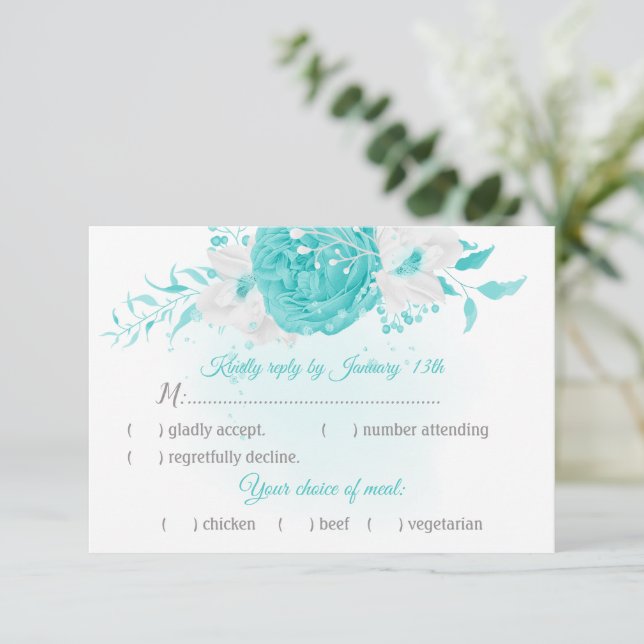 turquoise white flowers botanical with meal choice RSVP card (Standing Front)