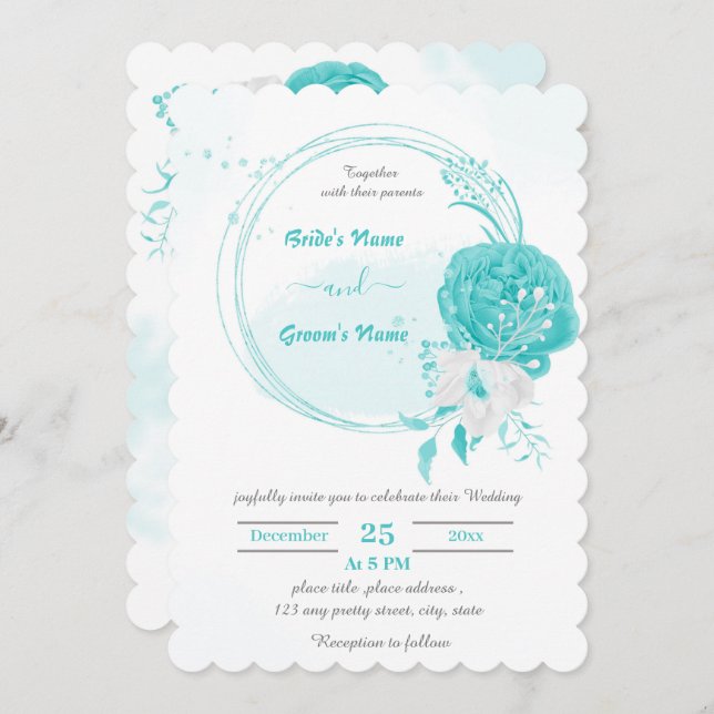 turquoise & white flowers botanical wreath wedding invitation (Front/Back)