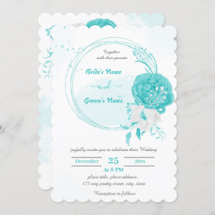 turquoise & white flowers botanical wreath wedding invitation