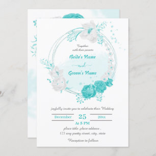 turquoise & white flowers botanical wreath wedding invitation