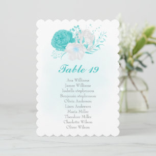 turquoise & white flowers seating chart card