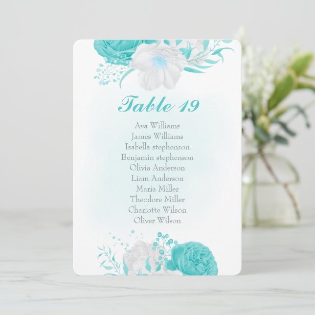 turquoise white flowers seating chart card (Standing Front)