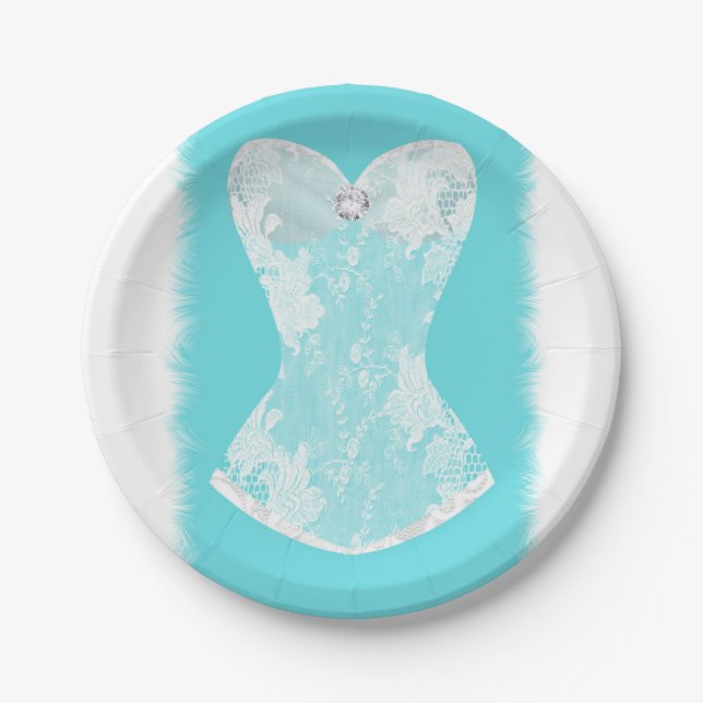 Turquoise & White Glam Lingerie Shower Party Paper Plate (Front)