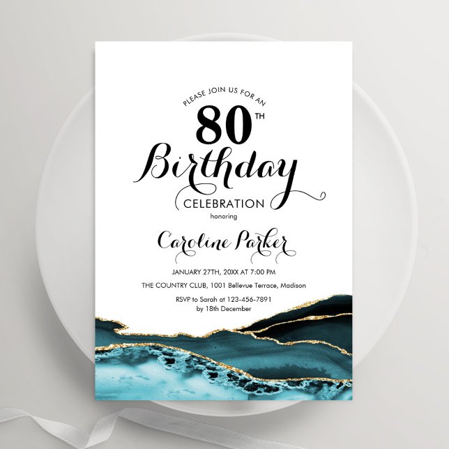 Turquoise White Gold Agate 80th Birthday Invitation (Creator Uploaded)