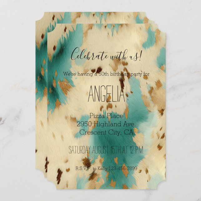 Turquoise White Gold Cowhide Invitation (Front/Back)