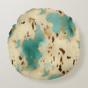 Turquoise White Gold Cowhide Round Cushion