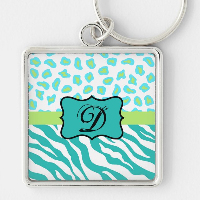 Turquoise White Green Zebra Leopard Skin Monogram Key Ring (Front)
