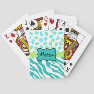 Turquoise White Green Zebra Leopard Skin Monogram Playing Cards