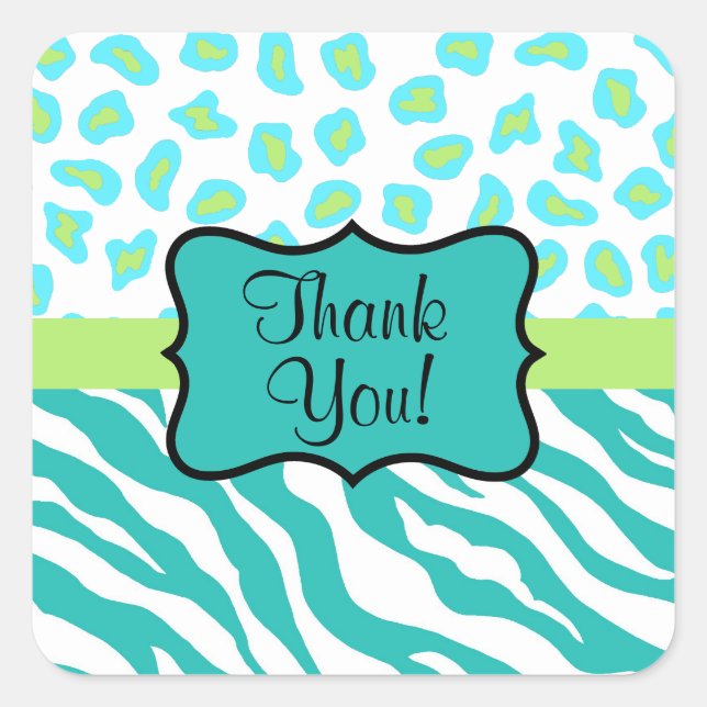 Turquoise White Green Zebra Leopard Skin Thank You Square Sticker (Front)