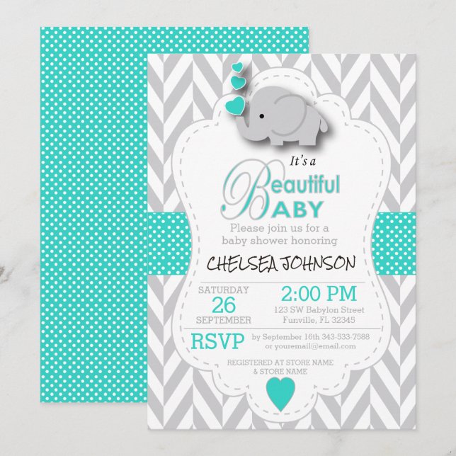 Turquoise, White Grey Elephant Baby Shower Invitation (Front/Back)