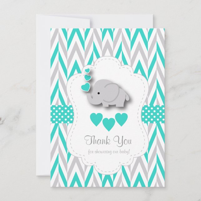 Turquoise, White, Grey Elephant Thank You Card (Front)