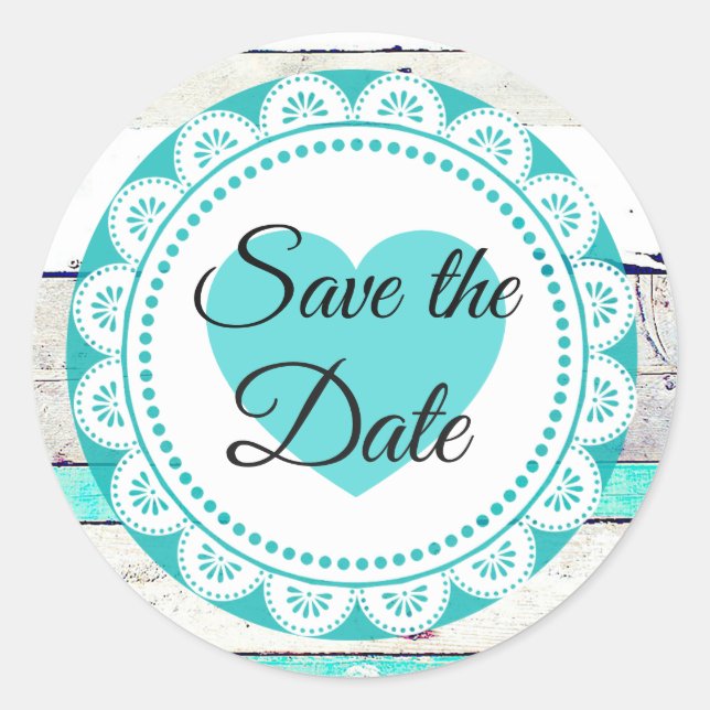 Turquoise White Lacey Save the Date Stickers (Front)
