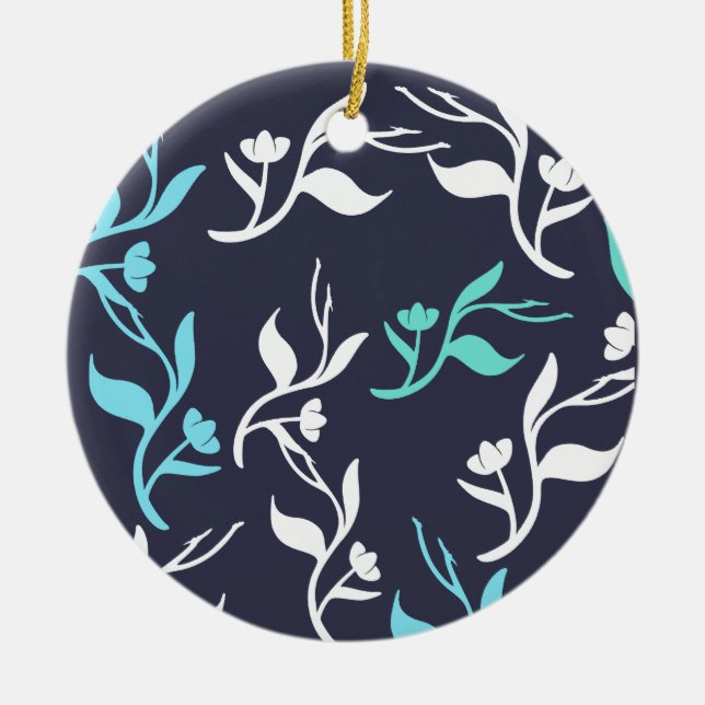 Turquoise White Leaves Pattern Product Ceramic Ornament (Front)