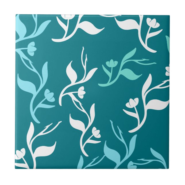 Turquoise White Leaves Pattern Product Ceramic Tile (Front)