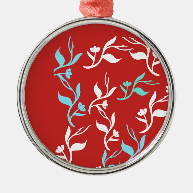 Turquoise White Leaves Pattern Product Metal Ornament (Front)