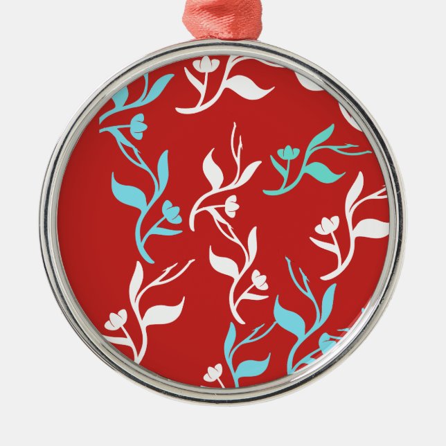 Turquoise White Leaves Pattern Product Metal Ornament (Front)