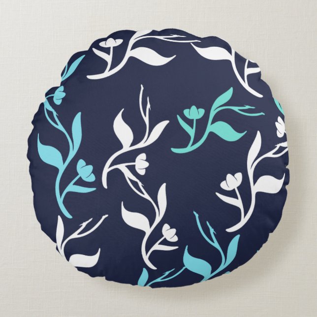 Turquoise White Leaves Pattern Product Round Cushion (Front)