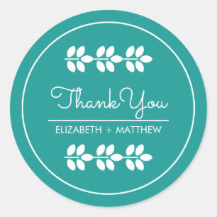 Turquoise White Leaves Wedding Thank You Classic Round Sticker