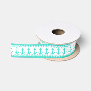 Turquoise White Nautical Anchor Coastal Stripes Satin Ribbon