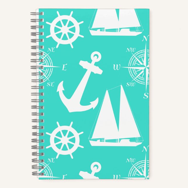 Turquoise White Nautical Coastal Boating Notebook (Front)