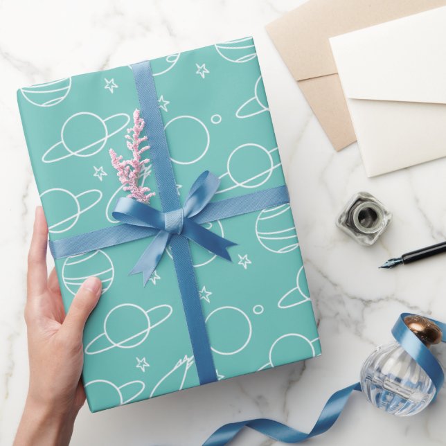 Turquoise White Planets Asteroid Pattern Birthday Wrapping Paper (Gifting)