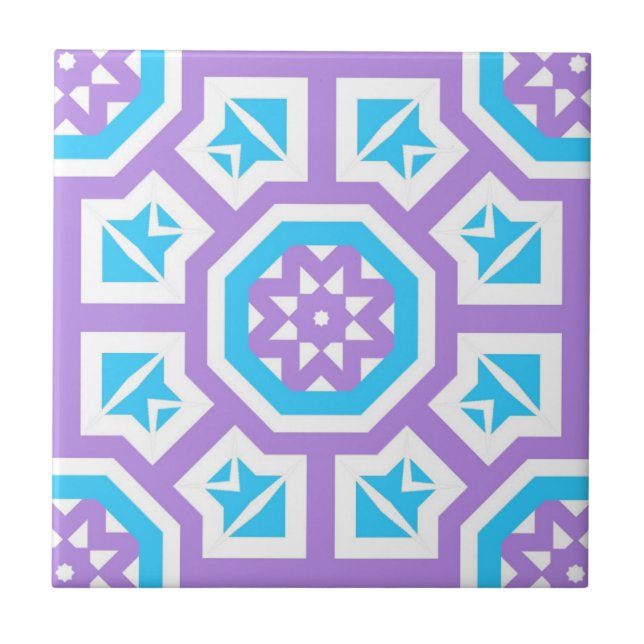 Turquoise White & Purple Elegant Geometric Pattern Ceramic Tile (Front)